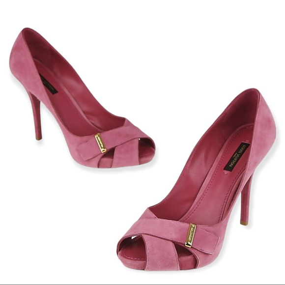 LOUIS VUITTON Pumps Pink Suede Crisscross Peep Toe Stiletto Heels Size 38.5 - Picture 4 of 16